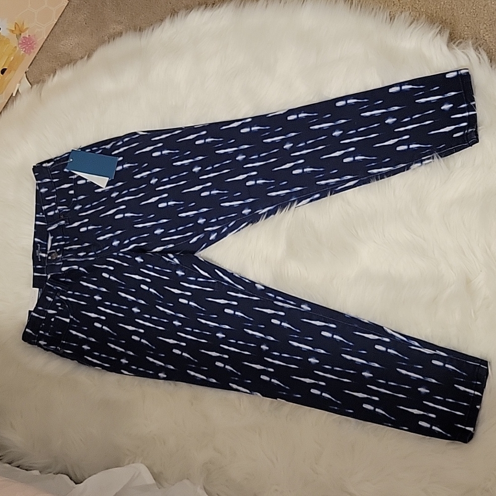 New Directions Tie Dye Tracks navy blue white skinny ankle stretch jeans…6 NEW